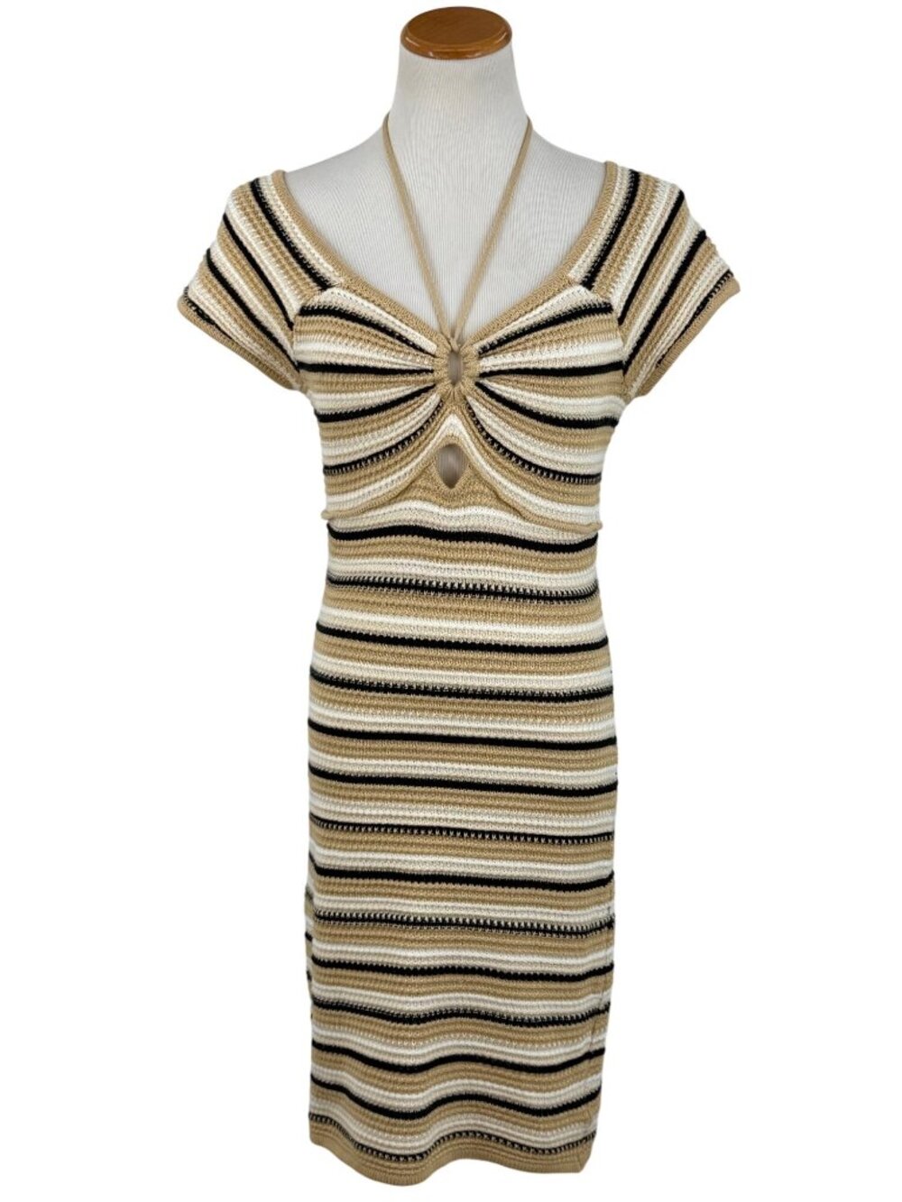 Madden NYC Crochet Knit Neutral Striped Mini Dress M| Coastal Cowgirl Boho Indie - Picture 2 of 16